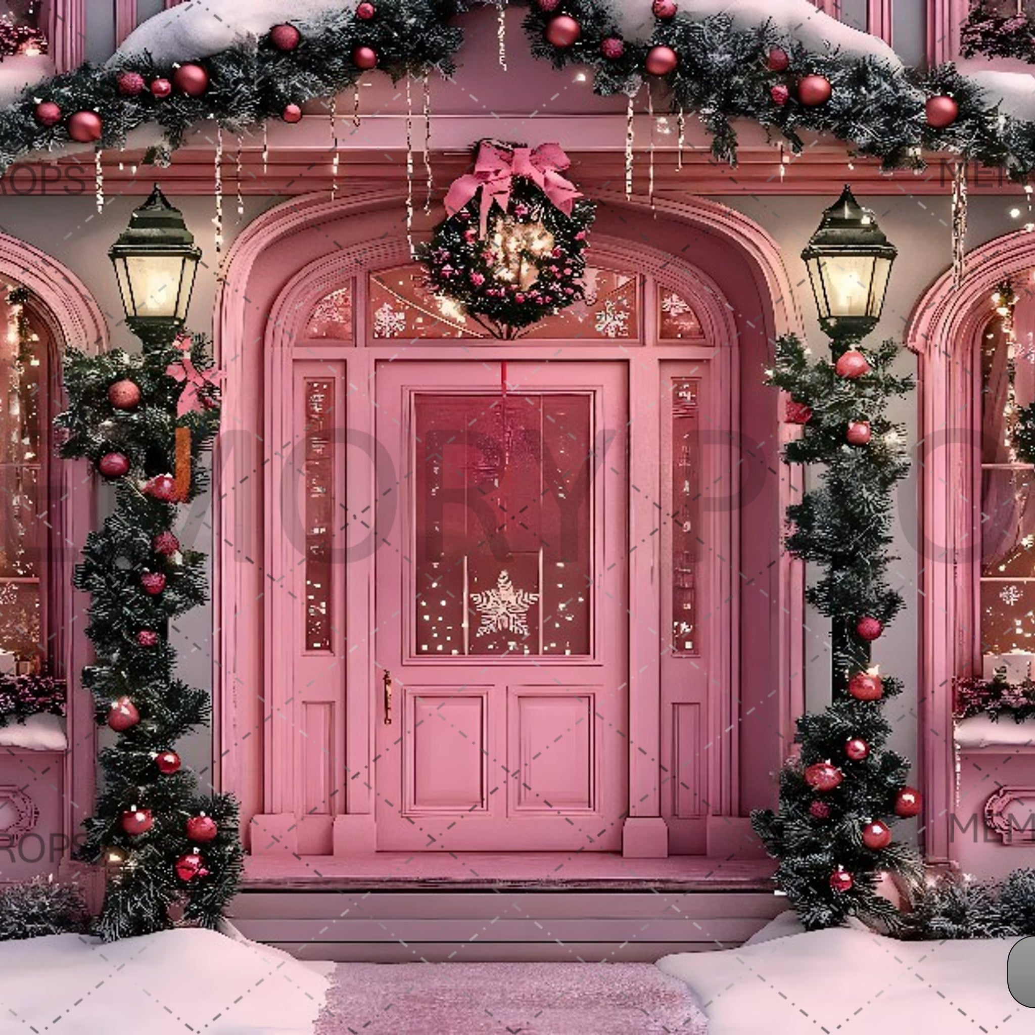 PINK DOOR WITH CHRISTMAS DECORATION - PRINTED BACKDROPS