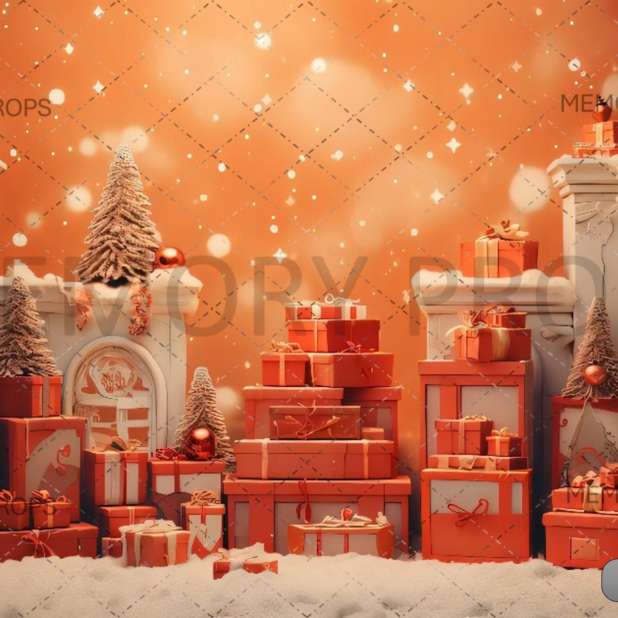 CHRISTMAS CARD WITH A RED GIFT BOX IN THE SNOW - PRINTED BACKDROPS