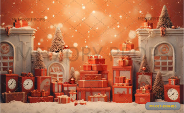 CHRISTMAS CARD WITH A RED GIFT BOX IN THE SNOW - PRINTED BACKDROPS