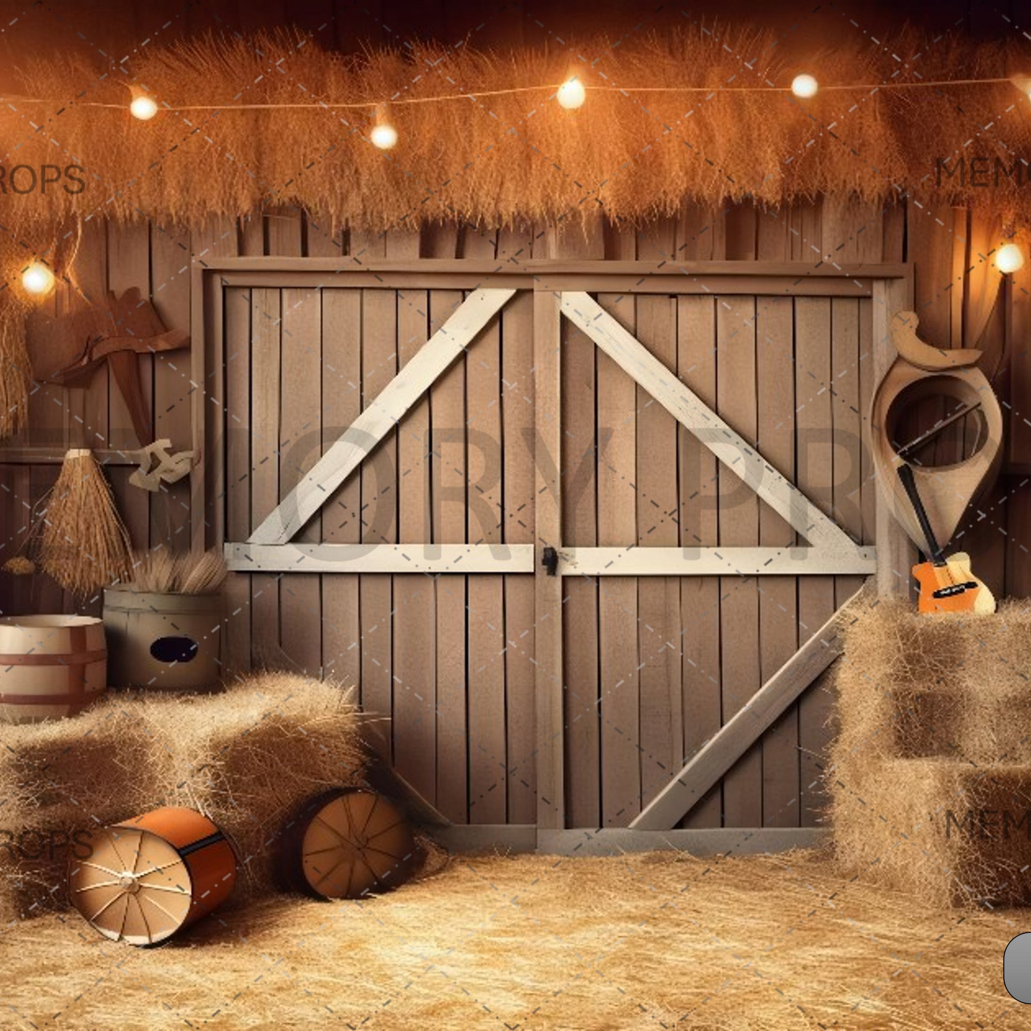 ARAFED HAY BALES AND A WHEEL IN BARN DOOR - PRINTED BACKDROPS