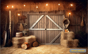 ARAFED HAY BALES AND A WHEEL IN BARN DOOR - PRINTED BACKDROPS