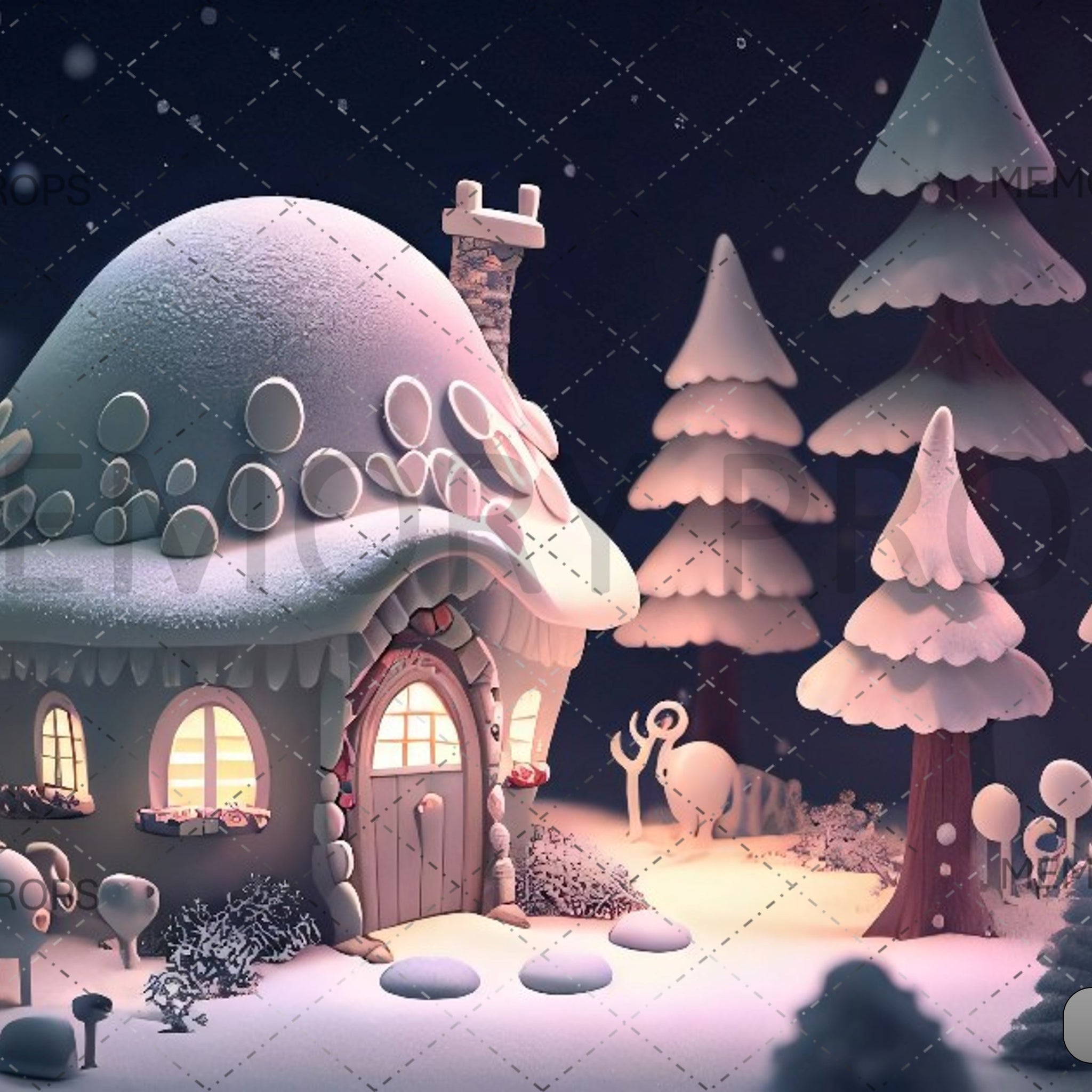 CUTE HOUSE IN THE FOREST IN WINTER MOON LIGHT - PRINTED BACKDROPS