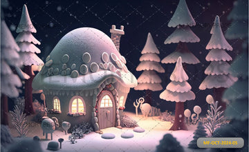 CUTE HOUSE IN THE FOREST IN WINTER MOON LIGHT - PRINTED BACKDROPS