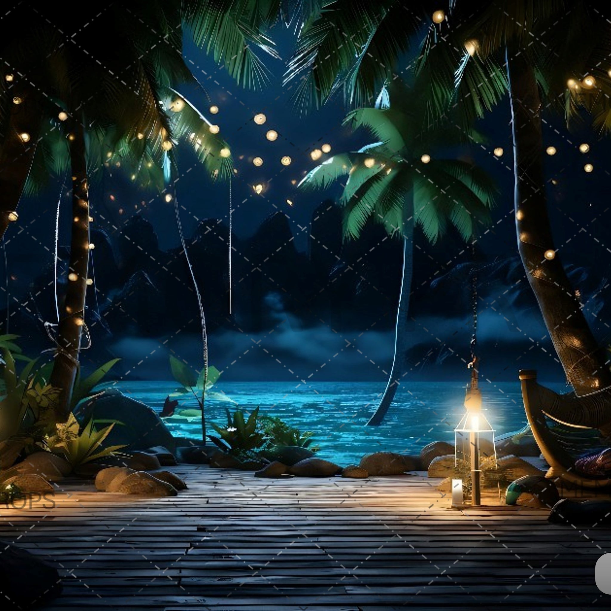 NIGHT SCENE OF A BEACH WITH PALM TREES  - PRINTED BACKDROPS