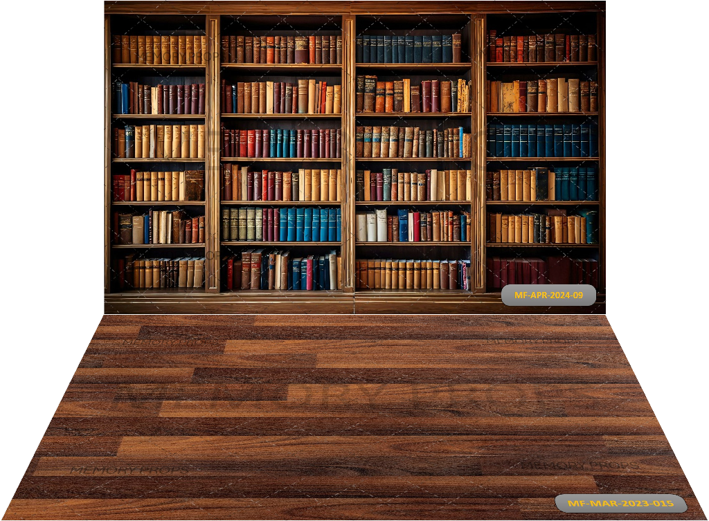 LIBRARY SHELVES AND BOOKS + WOODEN TEXTURE BACKDROPS