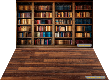 LIBRARY SHELVES AND BOOKS + WOODEN TEXTURE BACKDROPS