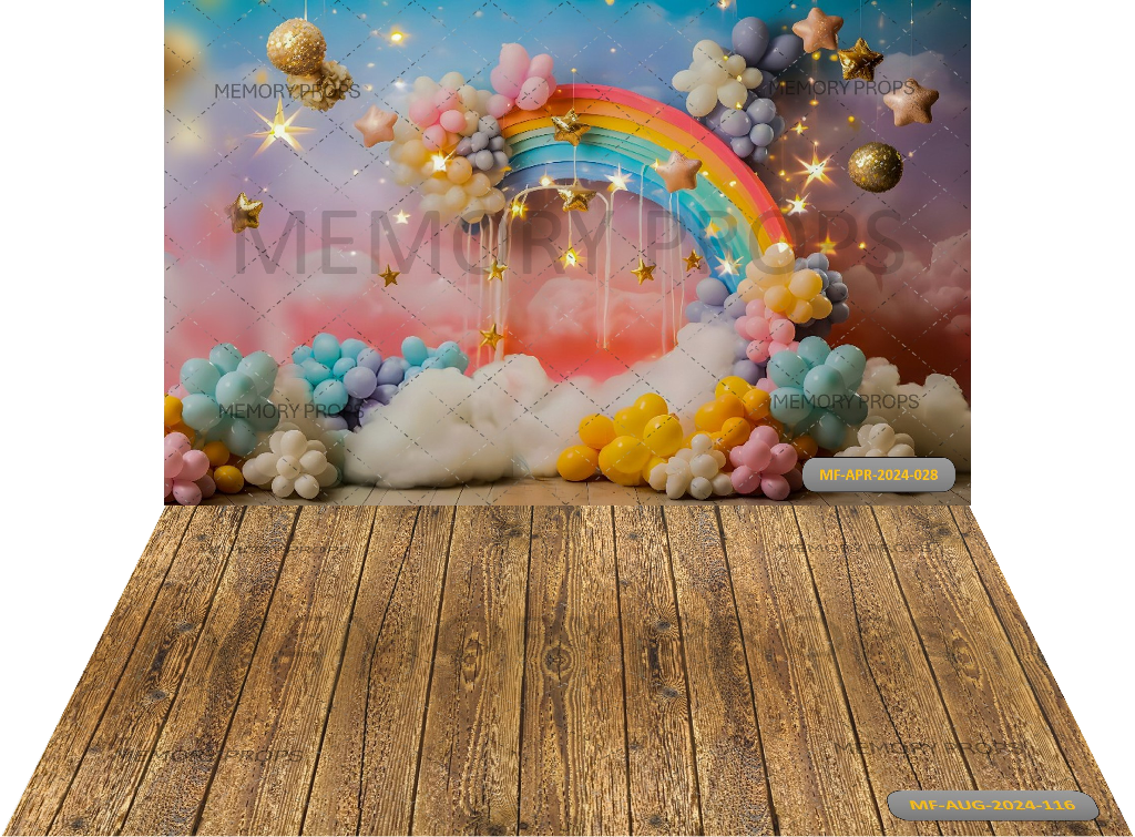 RAINBOW CLOUD AND COLOURFUL BALLONS + WOODEN BACKDROPS