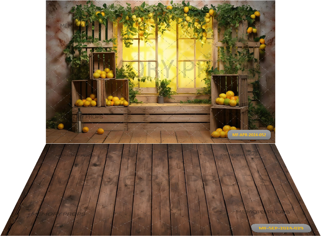 A WINDOW WITH A BUNCH OF LEMONS ON IT+ DARK BROWN WOODEN BACKDROPS