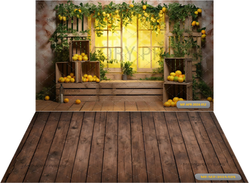 A WINDOW WITH A BUNCH OF LEMONS ON IT+ DARK BROWN WOODEN BACKDROPS