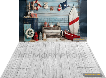 A BLUE WALL WITH A BOAT + WHITE WOOD  BACKDROPS